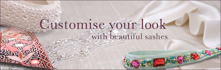 Diamante, pearl, beaded and fabric sashes by Tiffany Rose.