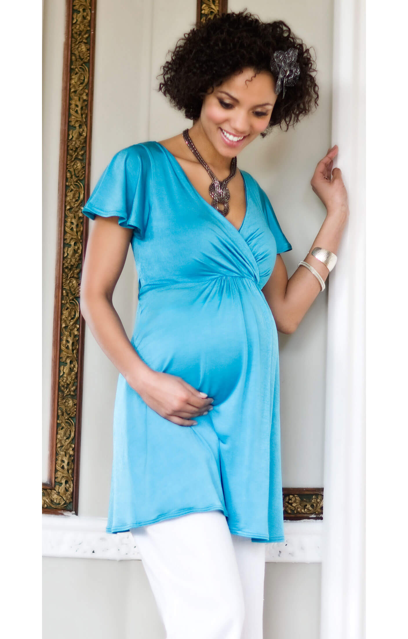sky blue maternity dress Padma | Powder Blue Draped Maternity Maxi Dress With Cape Sleeves