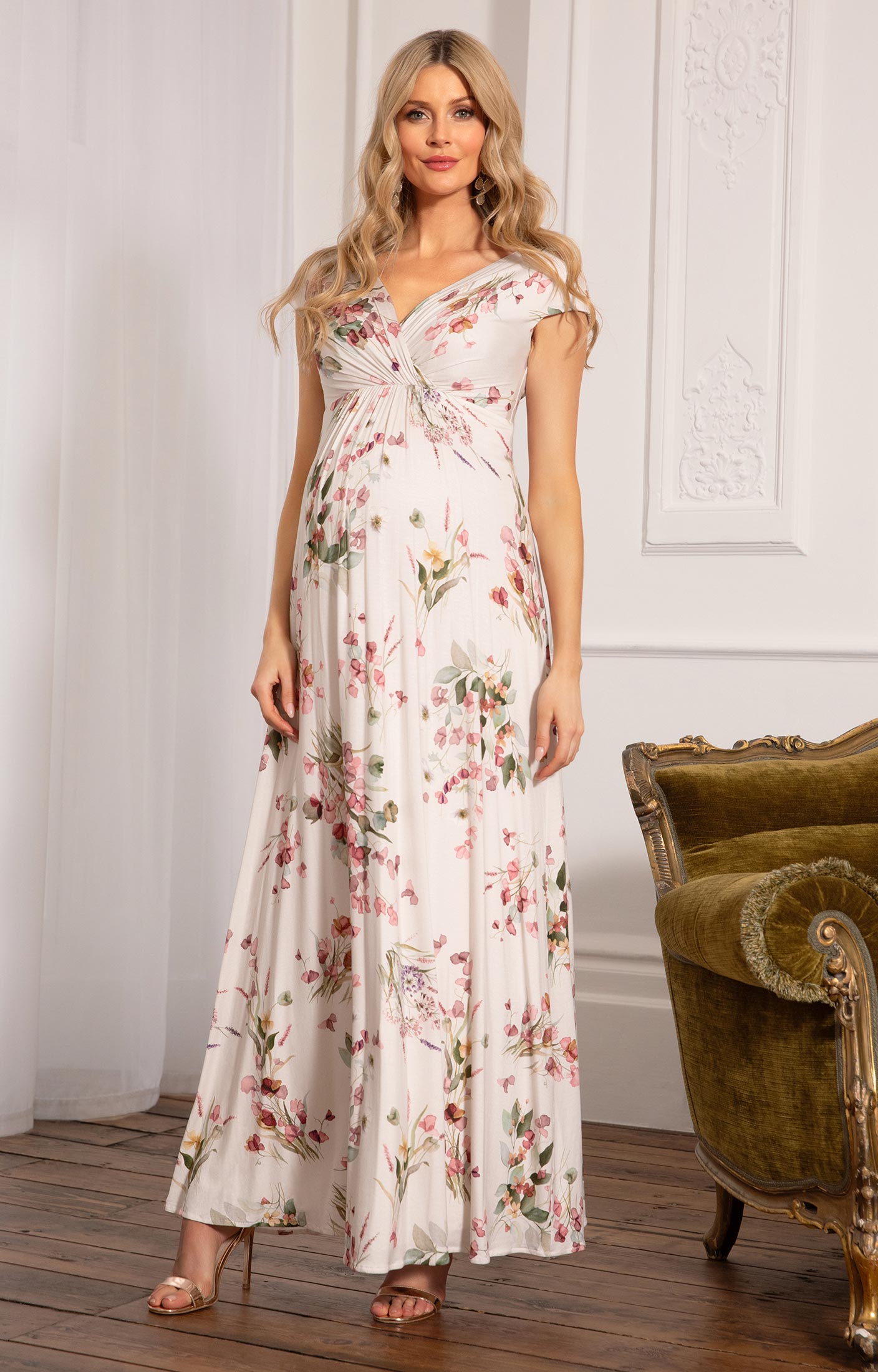 Happy Cherry Maternity V-Neck Fitted Gown Sleeveless Elegant Floral Print Dress