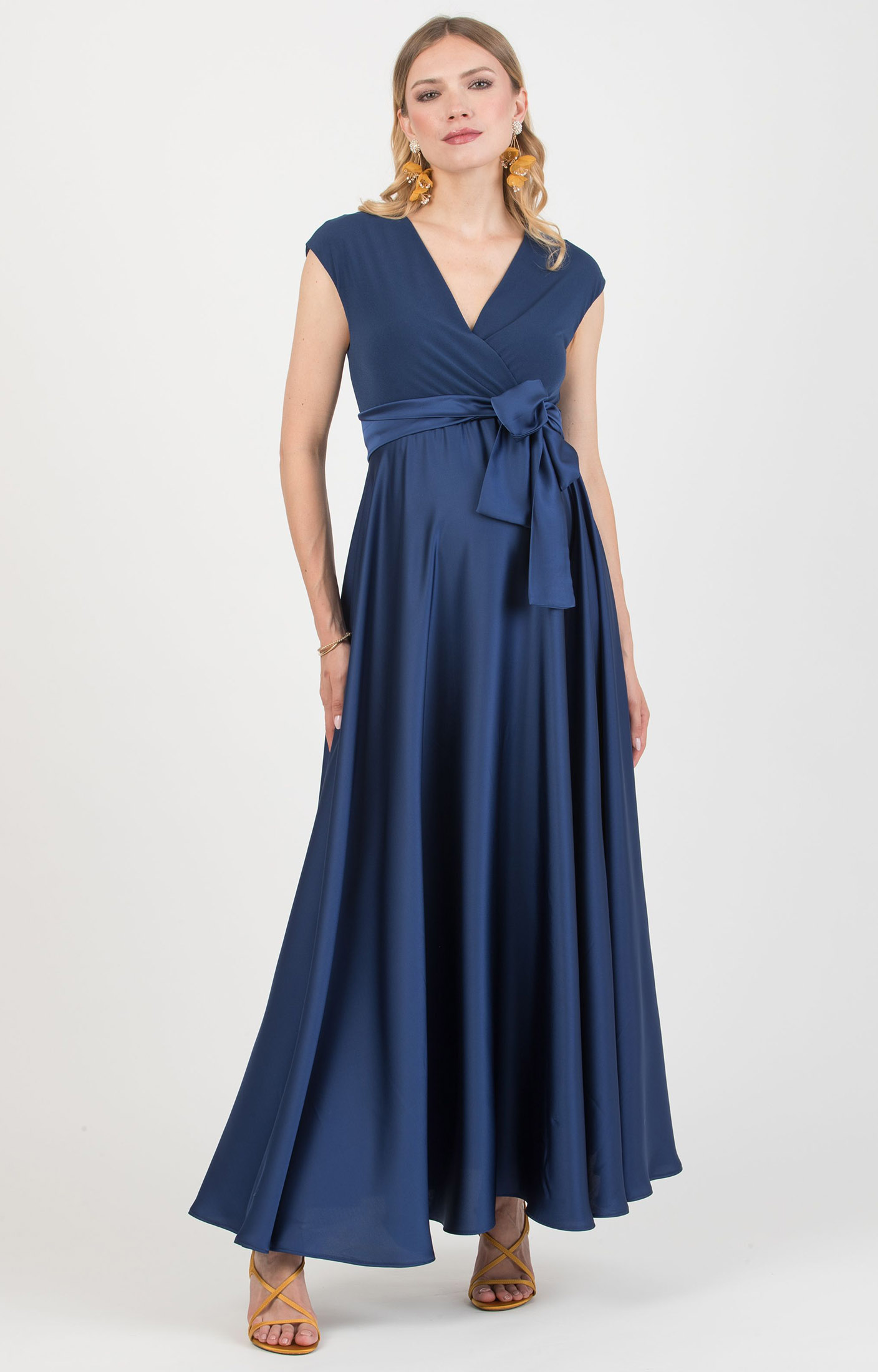 blue satin maternity dress Azazie Allessia Stretch Satin Dress