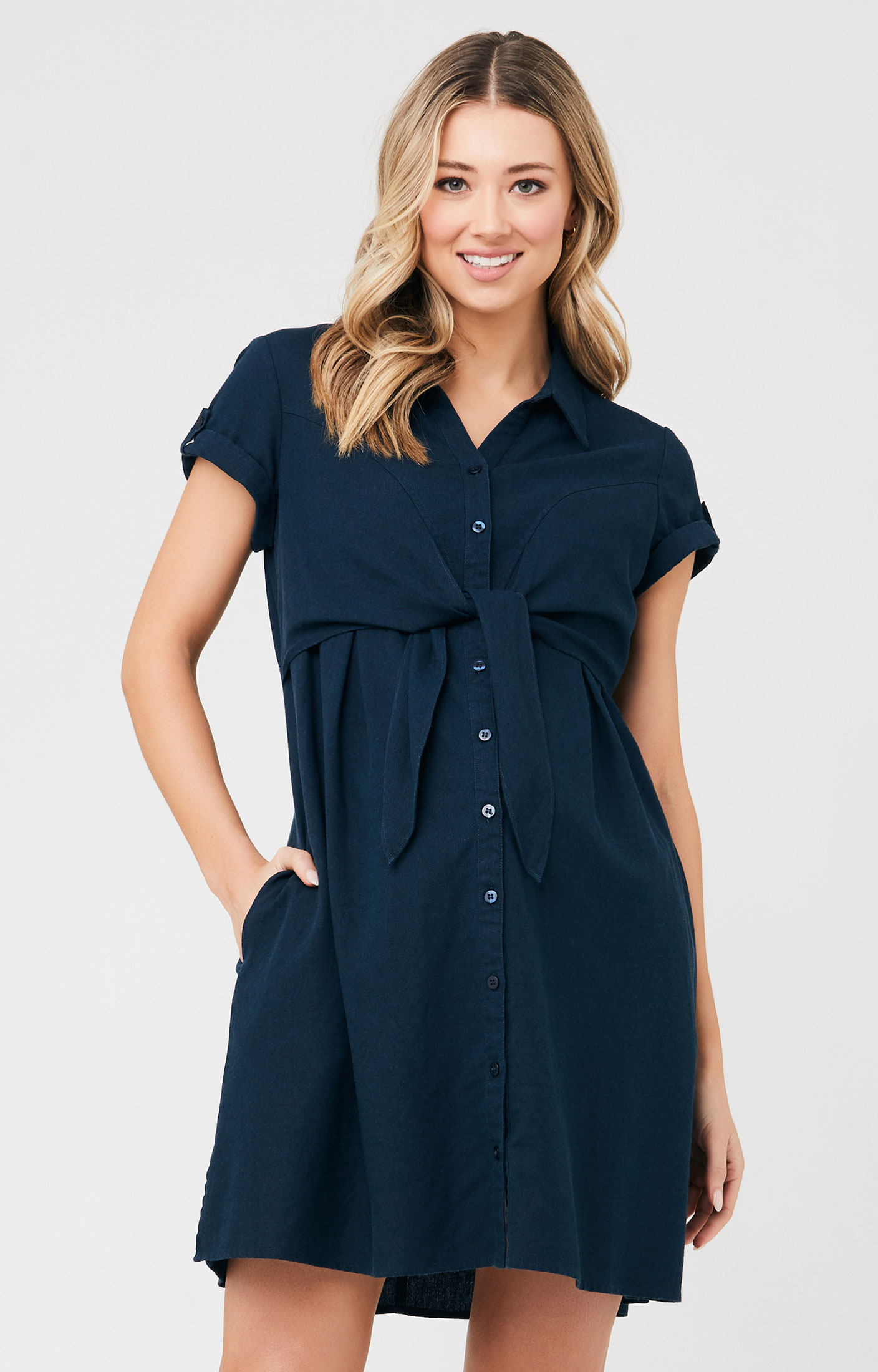Image of Colette Tie Up Linen Dress (Navy)