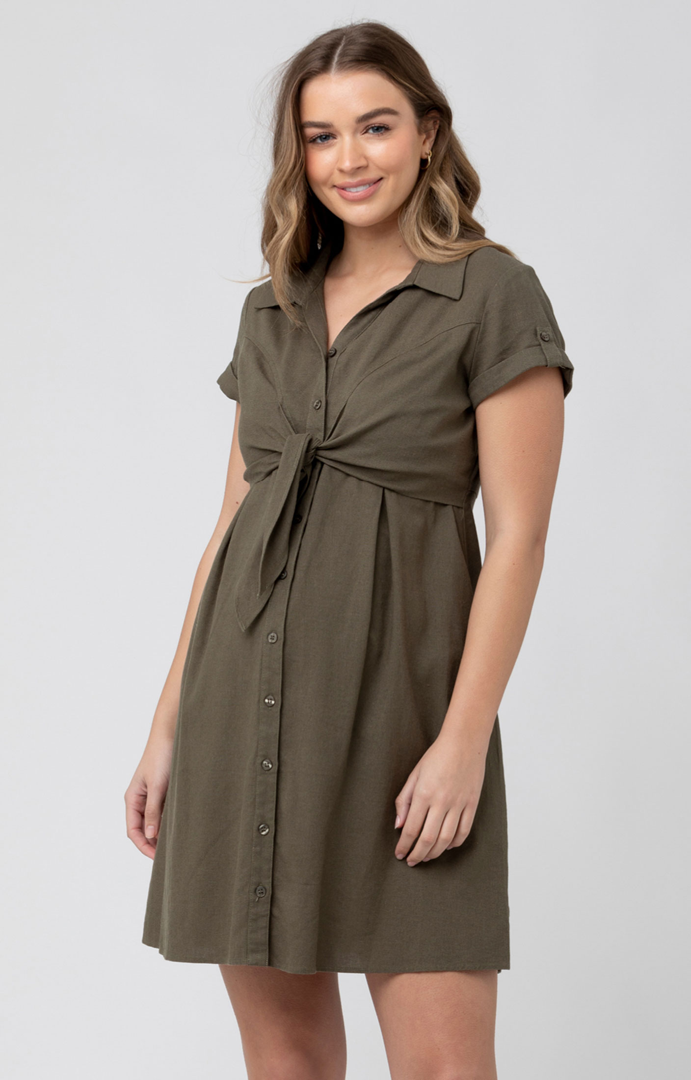 RIPE Colette Tie Up Linen Dress (Olive) Maternity Wedding