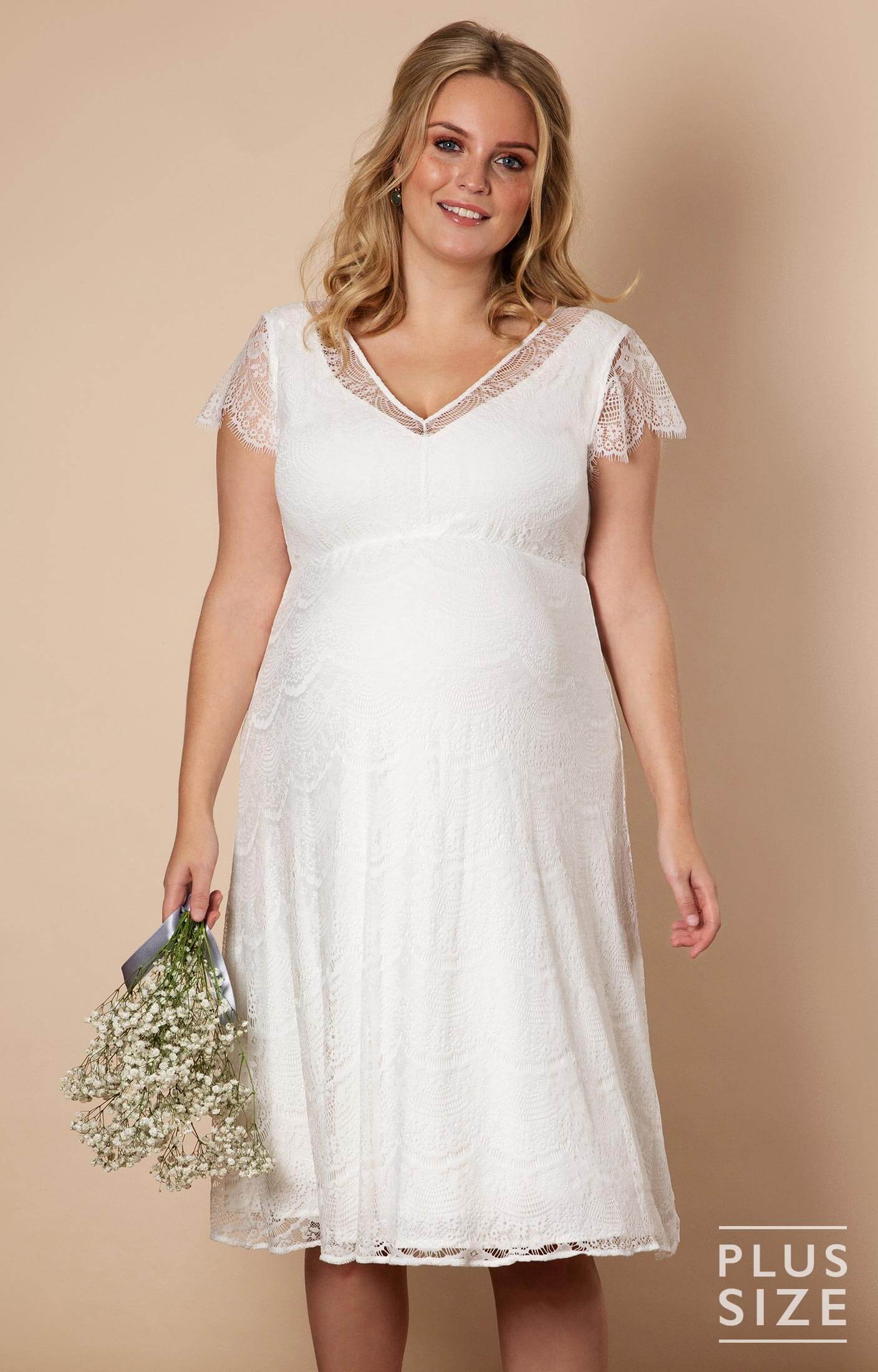 gathered jersey plus size dress with lace bodice