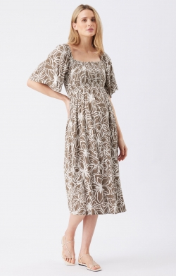 Alona Shirred Dress (Olive/White)