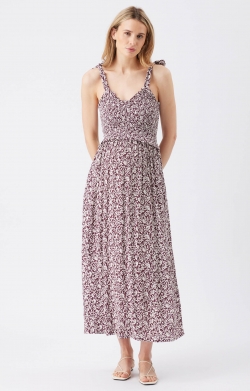 Dana Shirred Dress (Maroon/White)