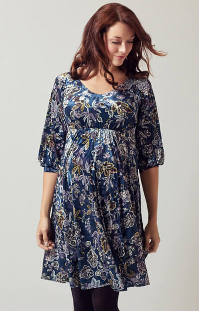 Roxie Velvet Maternity Dress Short Boho Blue by Tiffany Rose