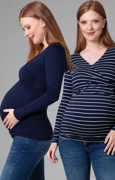 Lina 2pk Long Sleeve Maternity Tops (Blue and Navy Stripe) by Tiffany Rose