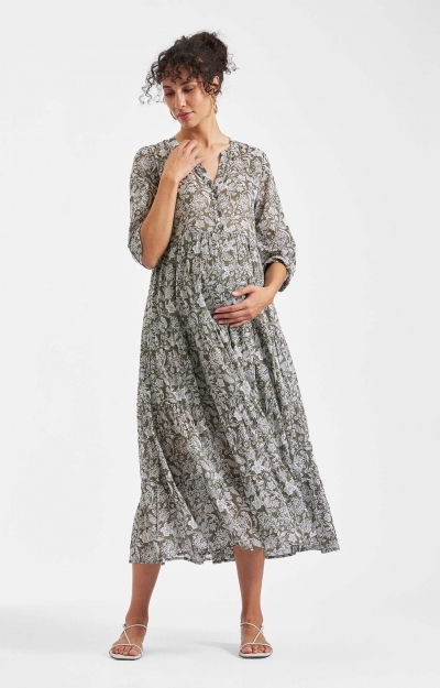 Ezra Tiered Maternity Dress (Olive / White) by Tiffany Rose