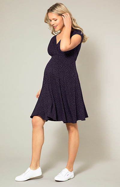 Alessandra Maternity Dress Polka Dot Navy Taupe by Tiffany Rose