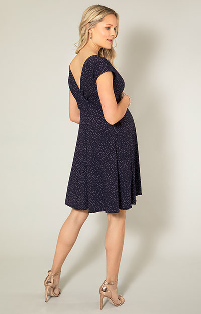 Alessandra Maternity Dress Polka Dot Navy Taupe by Tiffany Rose