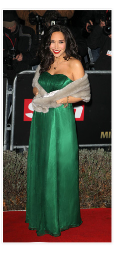 Myleene Klass wearing the Tiffany Rose Emerald Gown