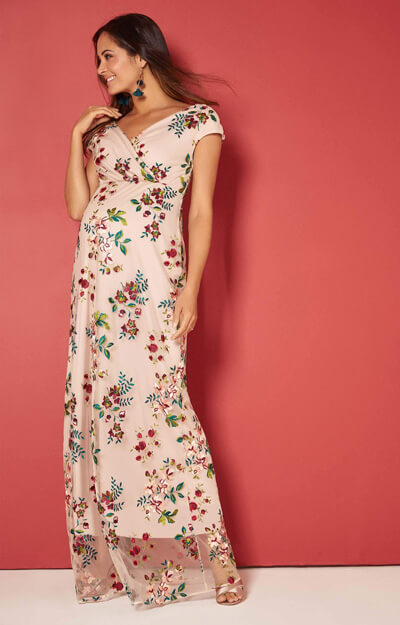 Bailey besticktes Umstandskleid in lang mit rosa Blumen by Tiffany Rose